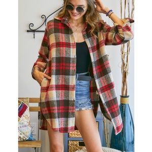 ADORA Red Brown Cream Plaid Button-Down Shirt Jacket